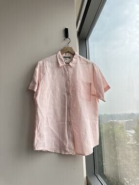 Vintage Carroll Reed Pink Linen Short Sleeve Button Up Shirt Classic Preppy S/M